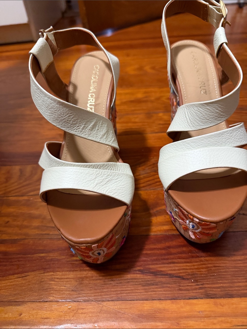 Soda White Strappy Platform Sandals with Floral Embellished Heel